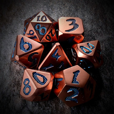 Blue Font in Copper Metal - 7pcs RPG Dice Set